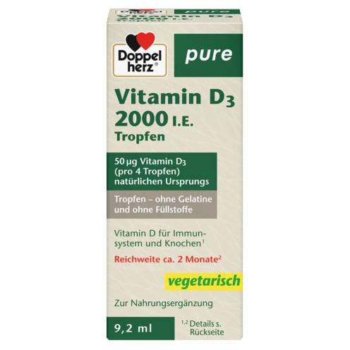 Abbildung der Produktverpackung Doppelherz pure Vitamin D3 2000 I.E. Tropfen Frontansicht